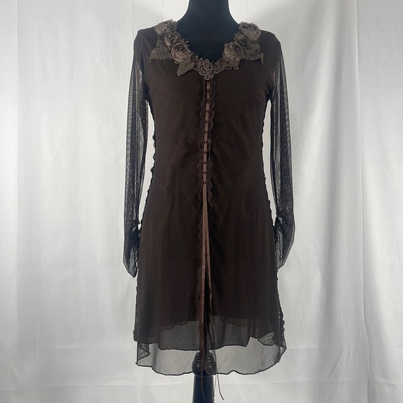 Pretty Angel Dresses & Skirts - Pretty Angel Brown Dress,tunic dress, top,lace,floral design,sheer,ruffles,small